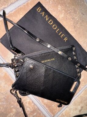 BANDOLIER BUNDLE LEATHER BLACK GOLD SILVER STUDDED CASE POUCH BAG STRAP